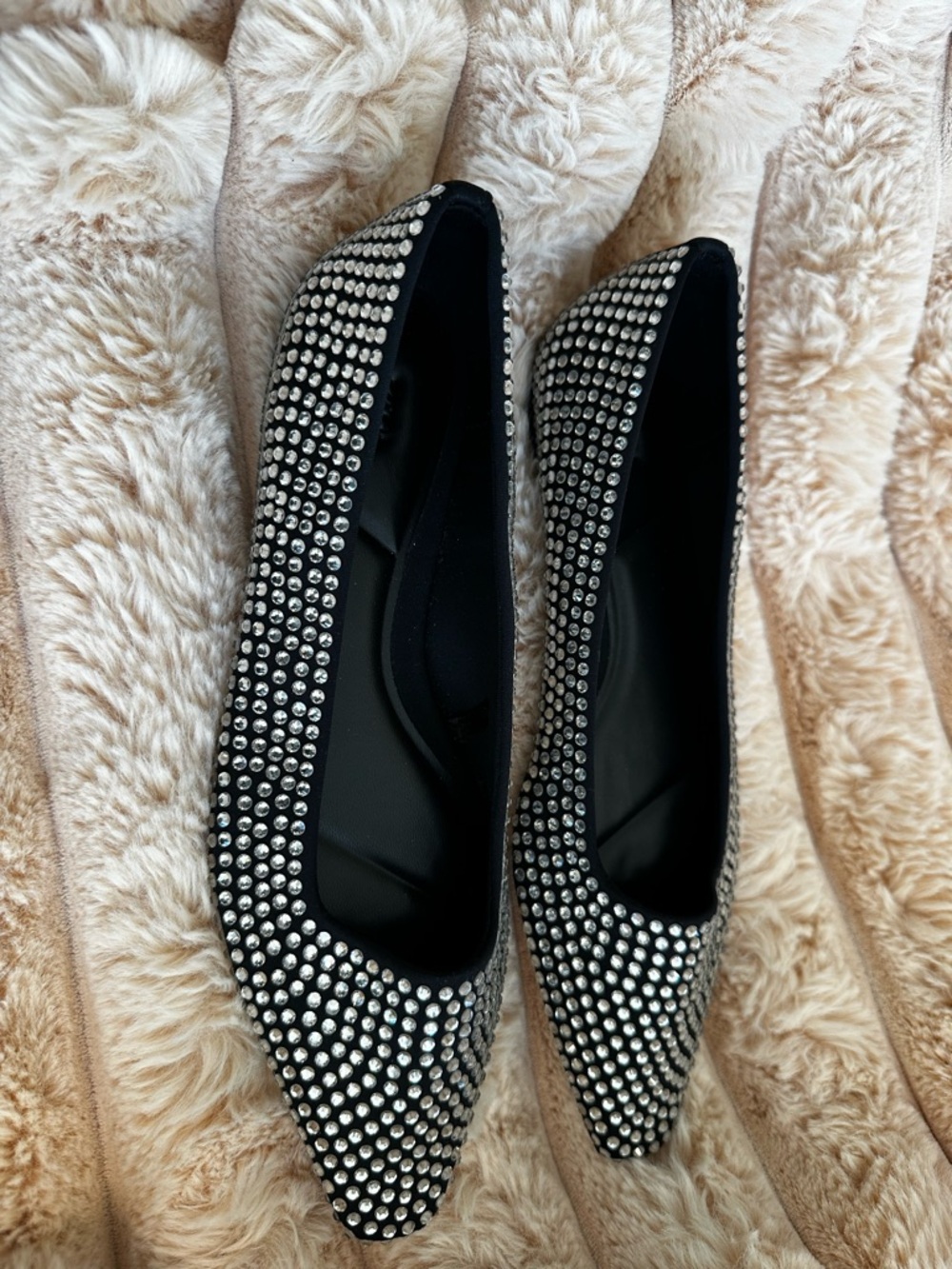 ZARA Rhinestone Pointed Toe Flats Black Crystal Embellished Slip On